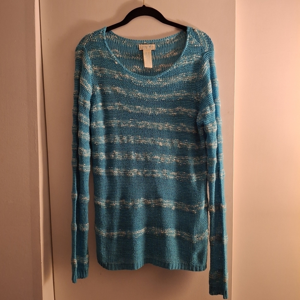 Caribbean Joe Women's Teal and White Striped Sweater